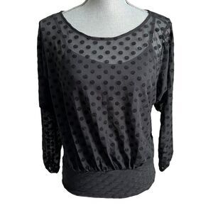 Stitch Fix Lush Top Womens XS Black Polka Dot Mesh Long Sleeve Cami NWT